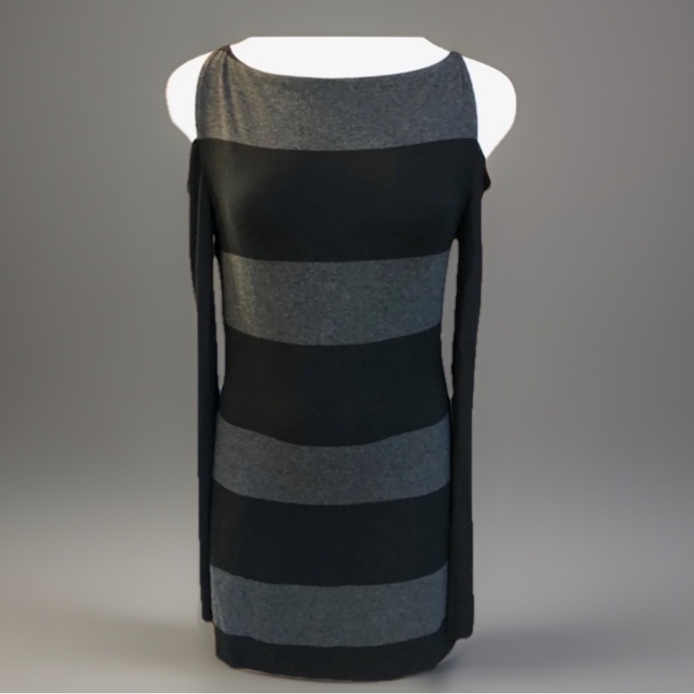 Striped M Black Gray Cold Shoulder Bodycon Dress